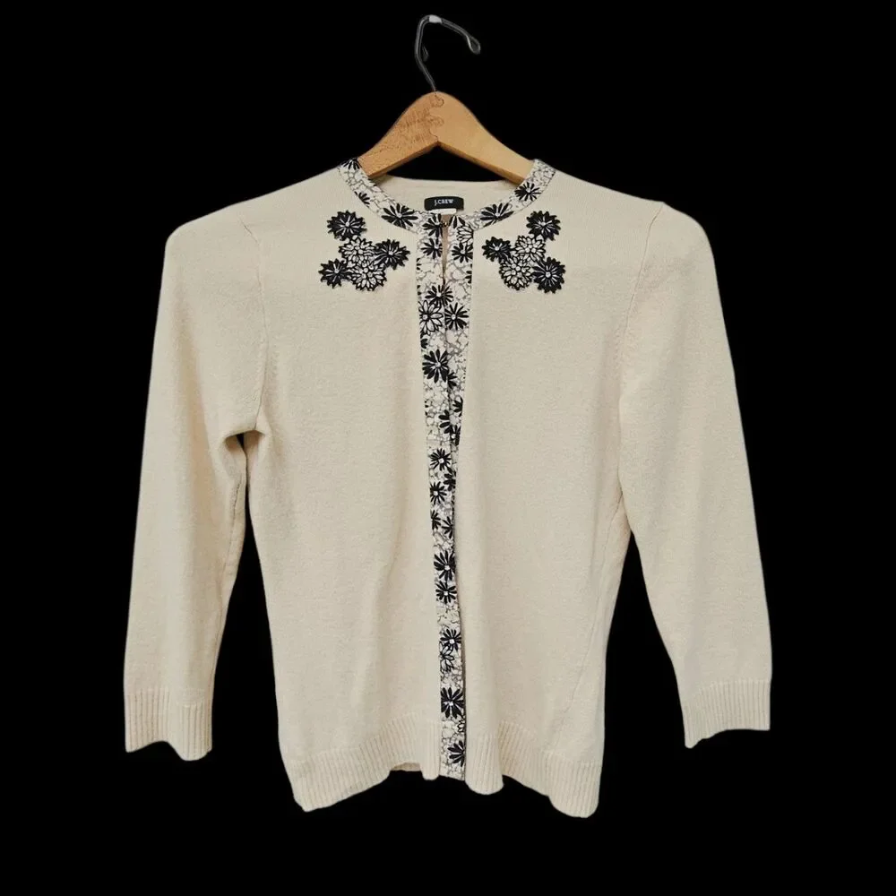 JCrew Merino Wool Rabbit Cashmere Blend Cardigan Off White Applique Button Sz M